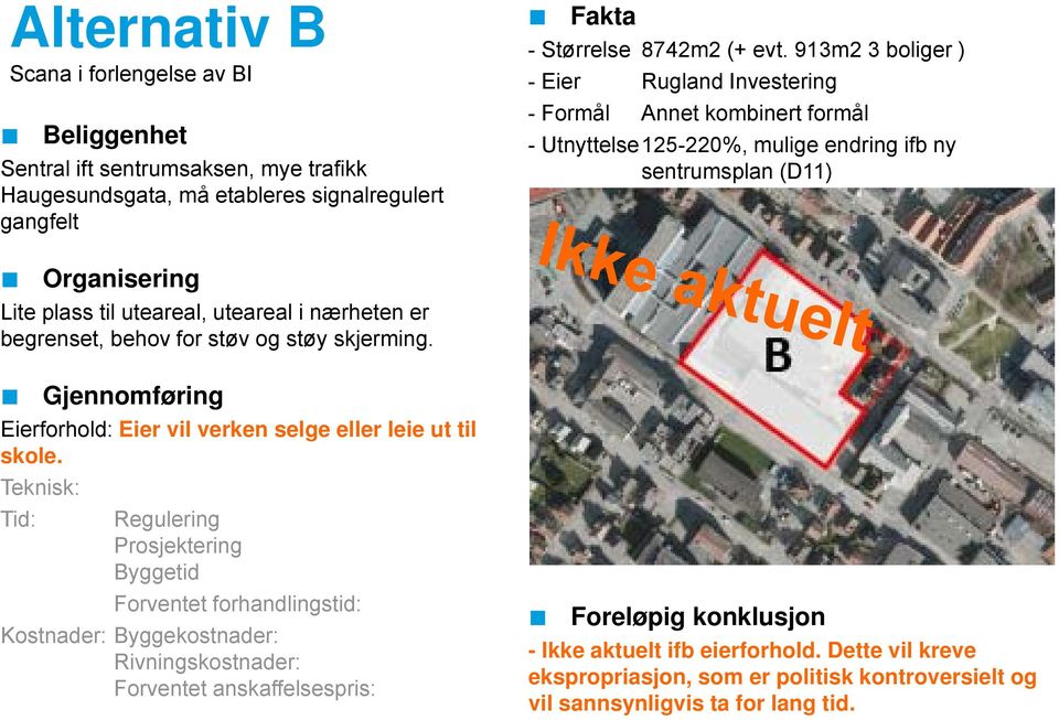 er begrenset, behov for støv og støy skjerming. Eierforhold: Eier vil verken selge eller leie ut til skole.