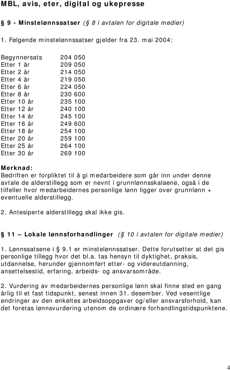 249 600 Etter 18 år 254 100 Etter 20 år 259 100 Etter 25 år 264 100 Etter 30 år 269 100 Merknad: Bedriften er forpliktet til å gi medarbeidere som går inn under denne avtale de alderstillegg som er