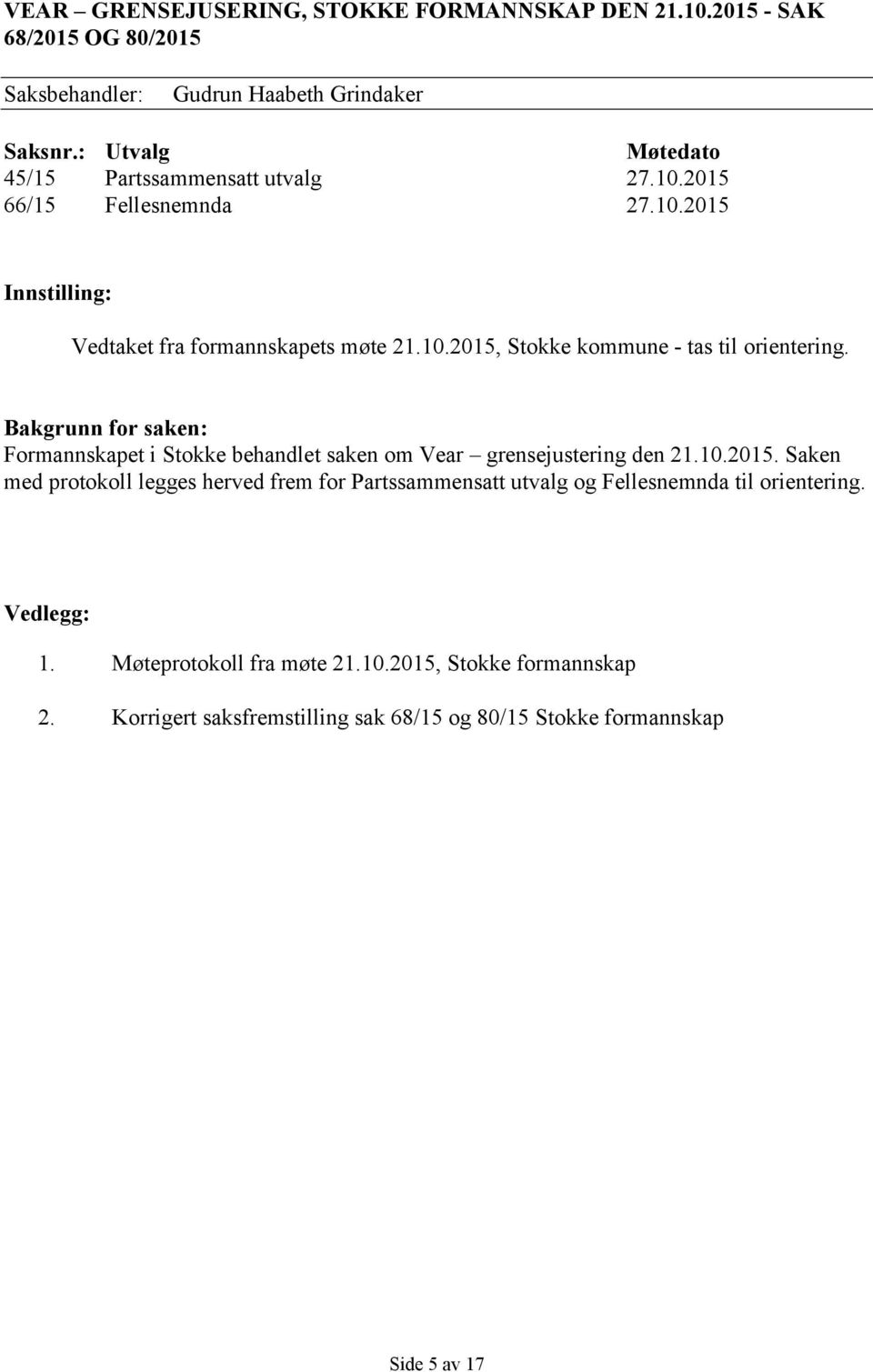 Bakgrunn for saken: Formannskapet i Stokke behandlet saken om Vear grensejustering den 21.10.2015.