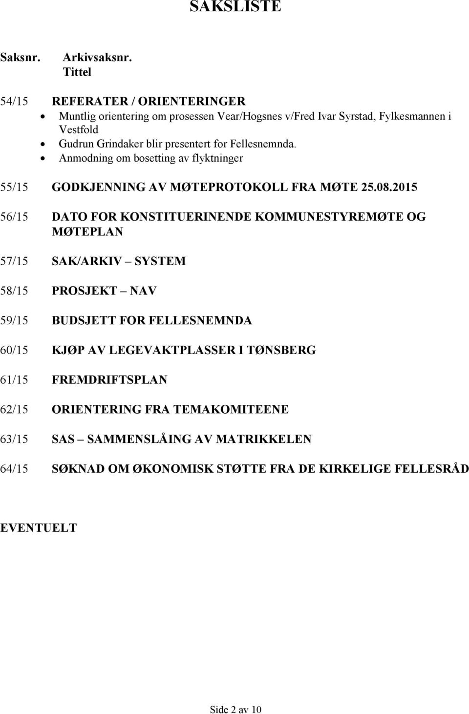 for Fellesnemnda. Anmodning om bosetting av flyktninger 55/15 GODKJENNING AV MØTEPROTOKOLL FRA MØTE 25.08.