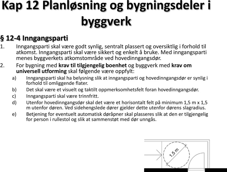 For bygning med krav til tilgjengelig boenhet og byggverk med krav om universell utforming skal følgende være oppfylt: a) Inngangsparti skal ha belysning slik at inngangsparti og hovedinngangsdør er