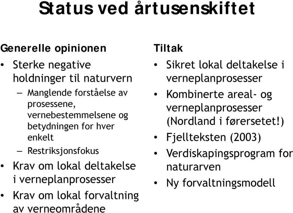 verneplanprosesser Krav om lokal forvaltning av verneområdene Tiltak Sikret lokal deltakelse i verneplanprosesser