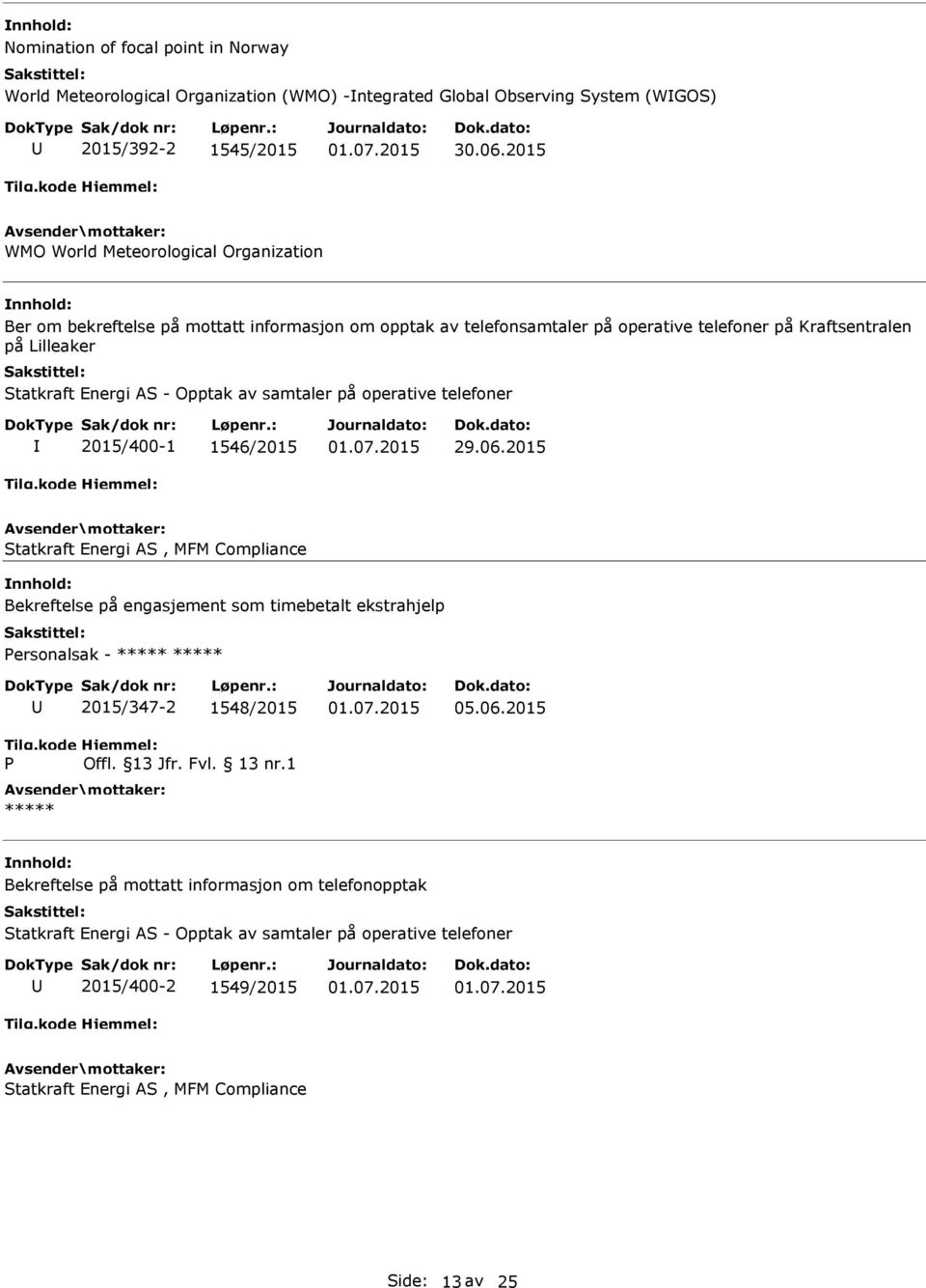 operative telefoner 2015/400-1 1546/2015 Statkraft Energi AS, MFM Compliance Bekreftelse på engasjement som timebetalt ekstrahjelp ersonalsak - 2015/347-2 1548/2015 05.06.