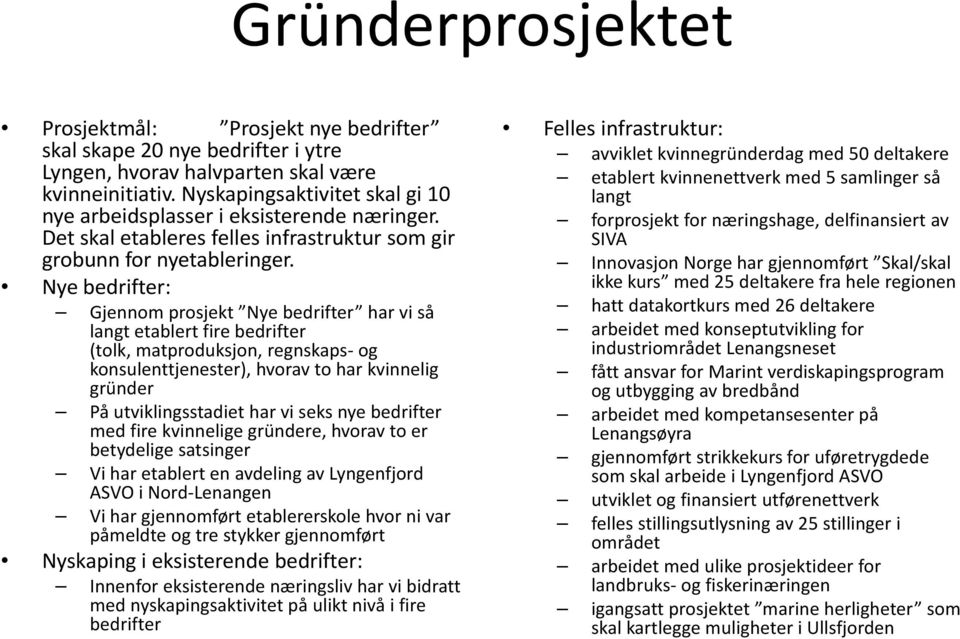 Nye bedrifter: Gjennom prosjekt Nye bedrifter har vi så langt etablert fire bedrifter (tolk, matproduksjon, regnskaps og konsulenttjenester), hvorav to har kvinnelig gründer På utviklingsstadiet har