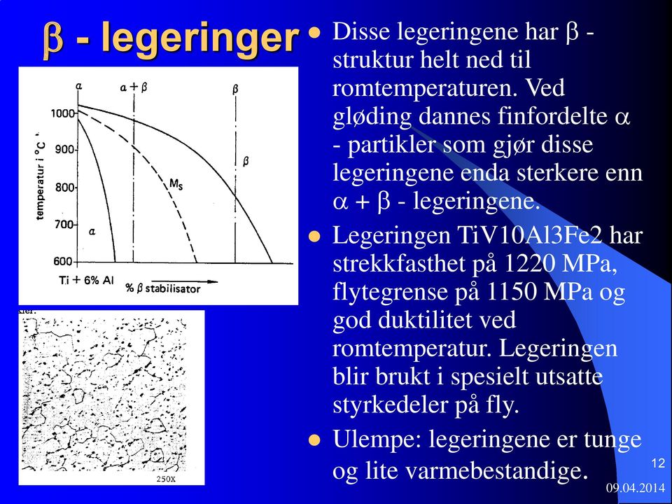 Legeringen TiV10Al3Fe2 har strekkfasthet på 1220 MPa, flytegrense på 1150 MPa og god duktilitet ved