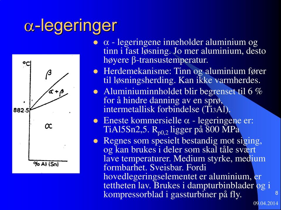 Aluminiuminnholdet blir begrenset til 6 % for å hindre danning av en sprø, intermetallisk forbindelse (Ti3Al). Eneste kommersielle - legeringene er: TiAl5Sn2,5.