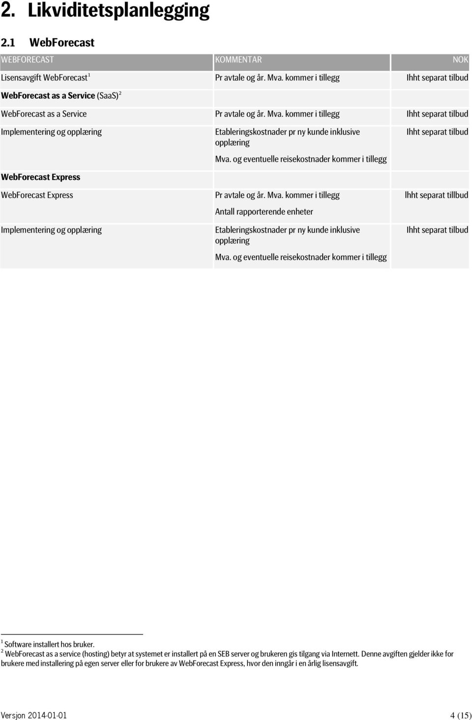 kommer i tillegg Implementering og opplæring WebForecast Express WebForecast Express Implementering og opplæring Etableringskostnader pr ny kunde inklusive opplæring Mva.