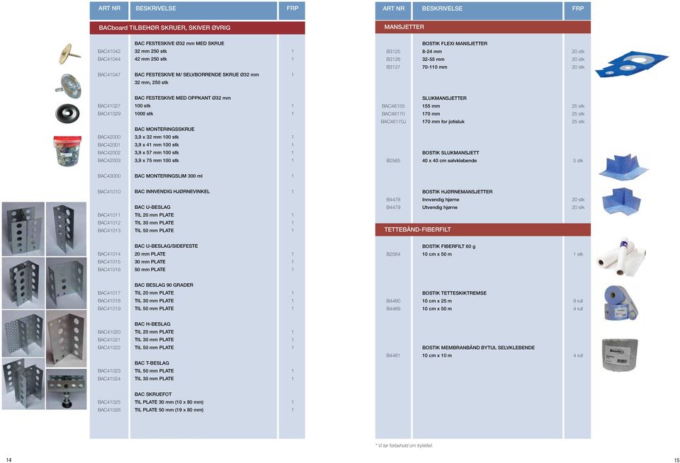 000 stk BAC MONTERINGSSKRUE 3,9 x 32 mm 00 stk 3,9 x 4 mm 00 stk 3,9 x 57 mm 00 stk 3,9 x 75 mm 00 stk BAC4655 BAC4670 BAC4670J B2565 SLUKMANSJETTER 55 mm 70 mm 70 mm for jotisluk BOSTIK SLUKMANSJETT