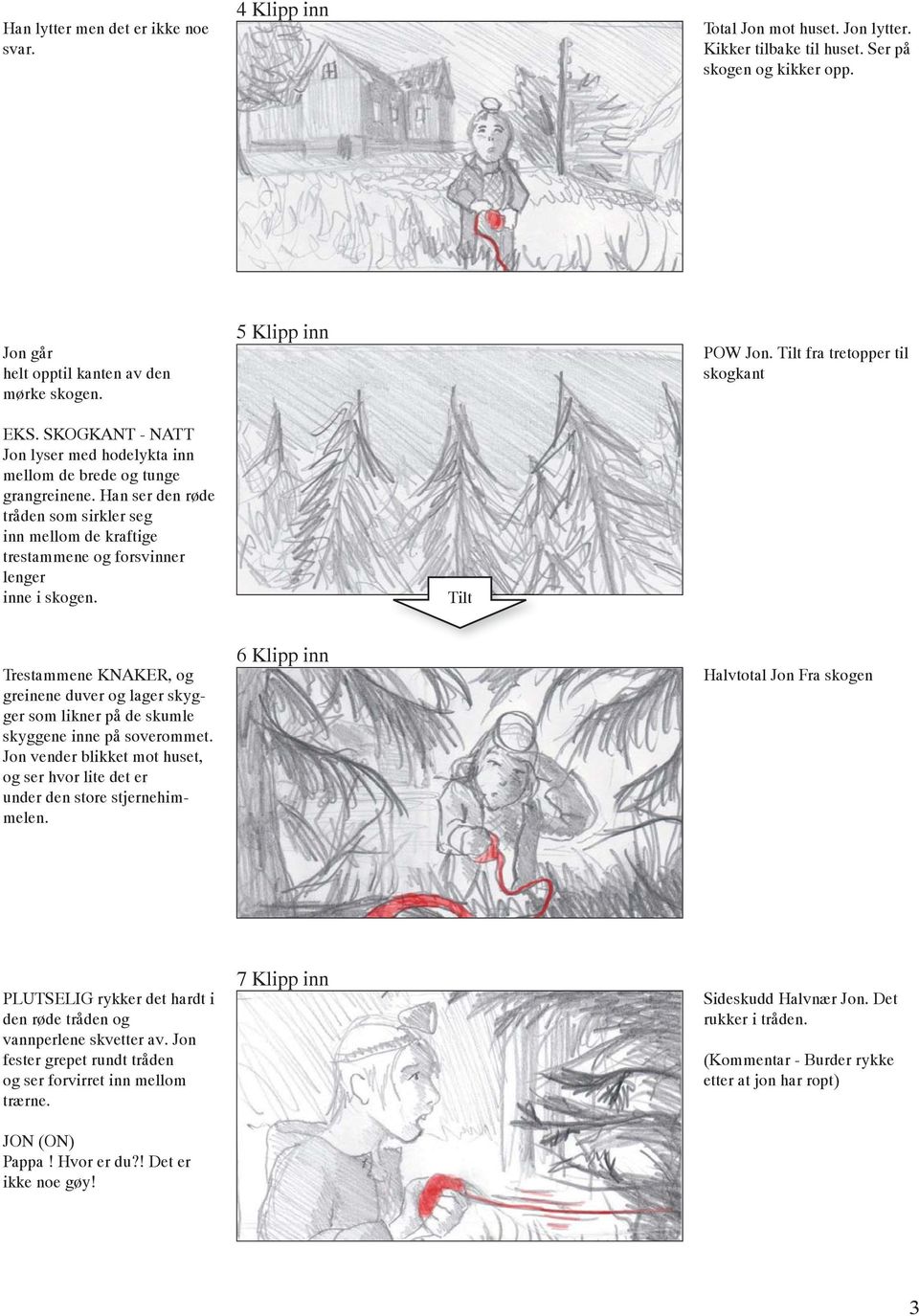 Han ser den røde tråden som sirkler seg inn mellom de kraftige trestammene og forsvinner lenger inne i skogen.