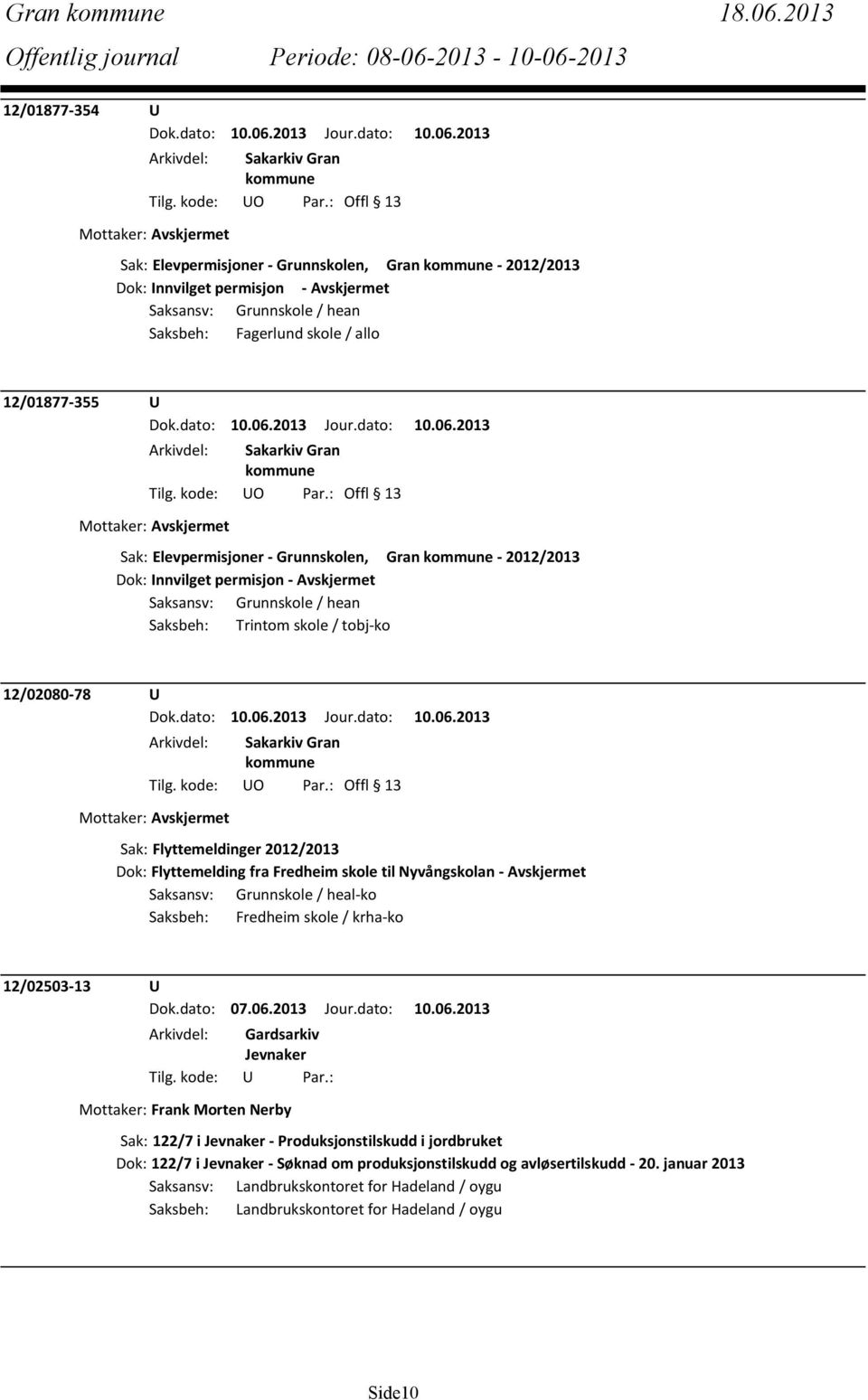 Elevpermisjoner - Grunnskolen, Gran - 2012/2013 Dok: Innvilget permisjon - Avskjermet Saksansv: Grunnskole / hean Saksbeh: Trintom skole / tobj-ko 12/02080-78 U Sak: Flyttemeldinger 2012/2013 Dok: