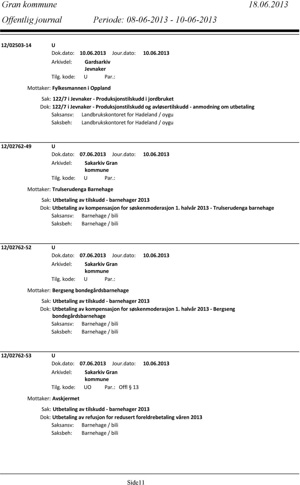 avløsertilskudd - anmodning om utbetaling Saksansv: Landbrukskontoret for Hadeland / oygu Saksbeh: Landbrukskontoret for Hadeland / oygu 12/02762-49 U Mottaker: Trulserudenga Barnehage Sak: