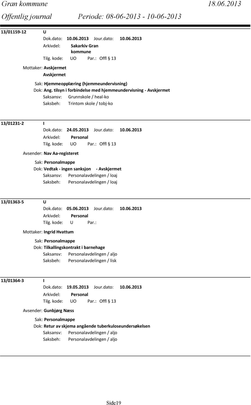 2013 Avsender: Nav Aa-registeret Dok: Vedtak - ingen sanksjon - Avskjermet Saksansv: Personalavdelingen / loaj Saksbeh: Personalavdelingen / loaj 13/01363-5 U Dok.dato: 05.06.