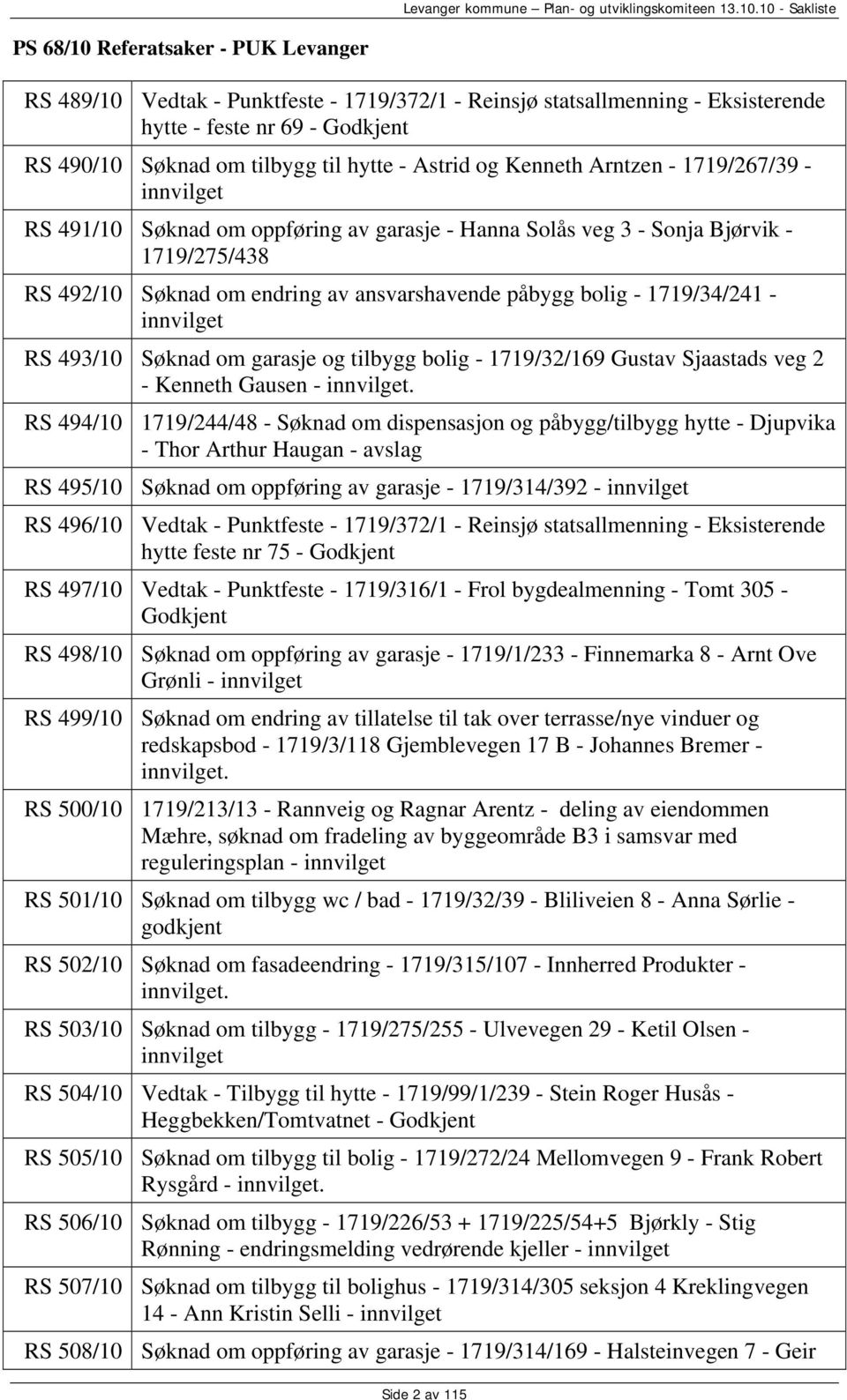 1719/34/241 - innvilget RS 493/10 Søknad om garasje og tilbygg bolig - 1719/32/169 Gustav Sjaastads veg 2 - Kenneth Gausen - innvilget.