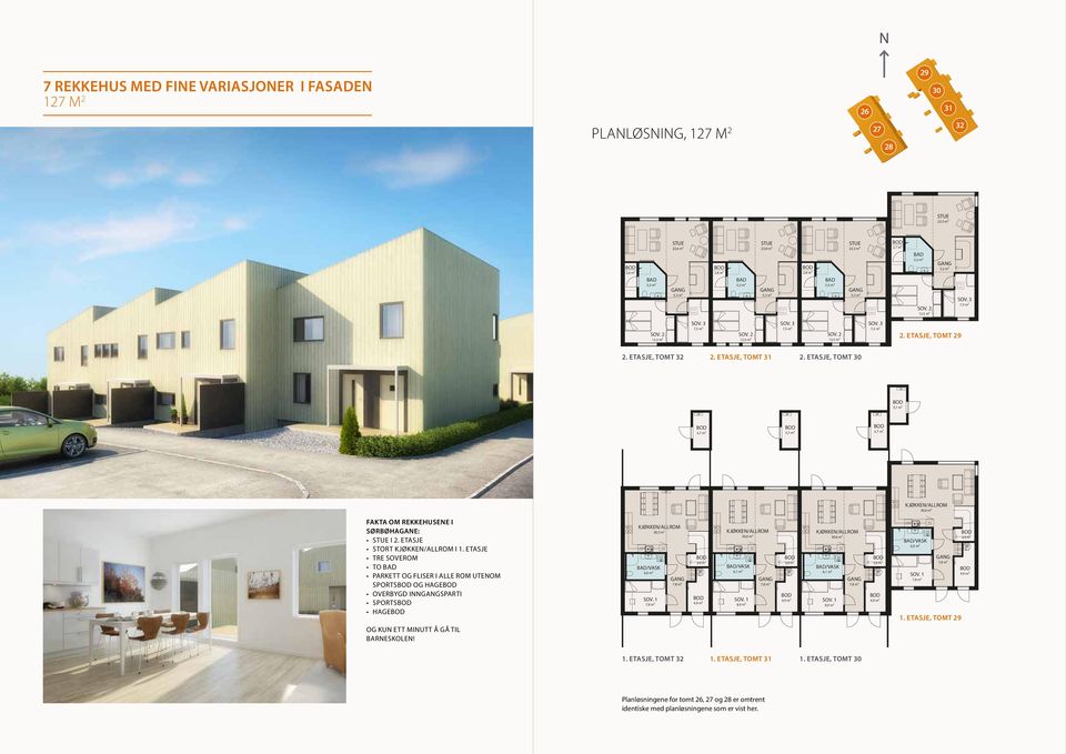 etasje, Tomt 29 2. etasje, Tomt 32 2. etasje, Tomt 31 2. etasje, Tomt 30 VP 3,7 m2 VP VP VP 3,7 m2 3,7 m2 3,7 m2 VP KJØKKEN/ALLROM 30,0 m2 FAKTA OM REKKEHUSENE I SØRBØHAGANE: Stue i 2.