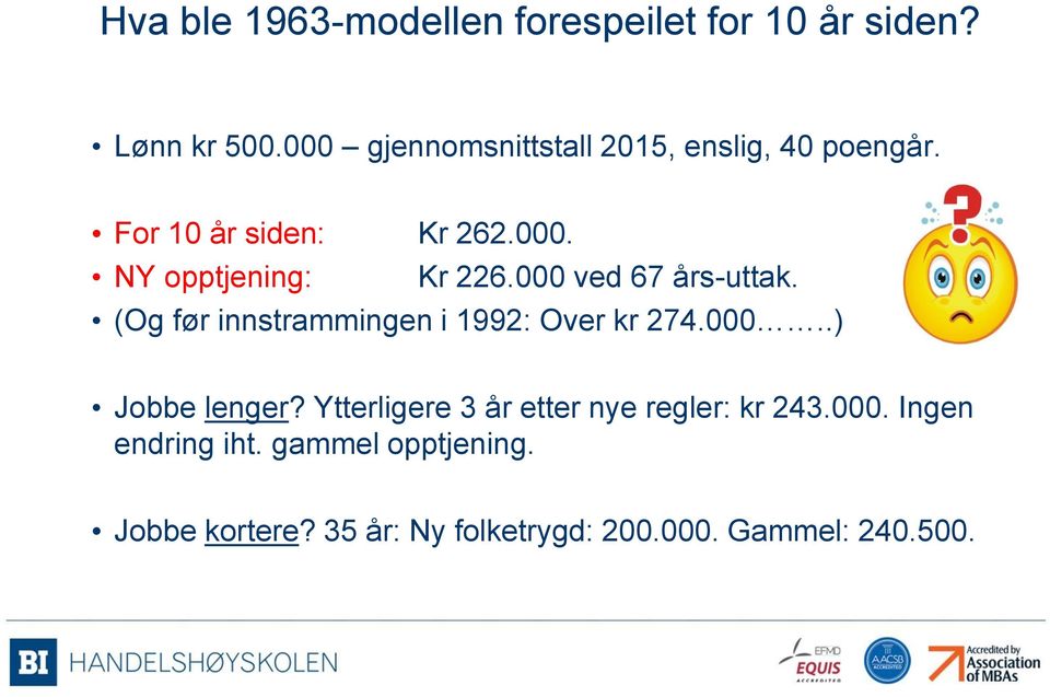 000 ved 67 års-uttak. (Og før innstrammingen i 1992: Over kr 274.000..) Jobbe lenger?