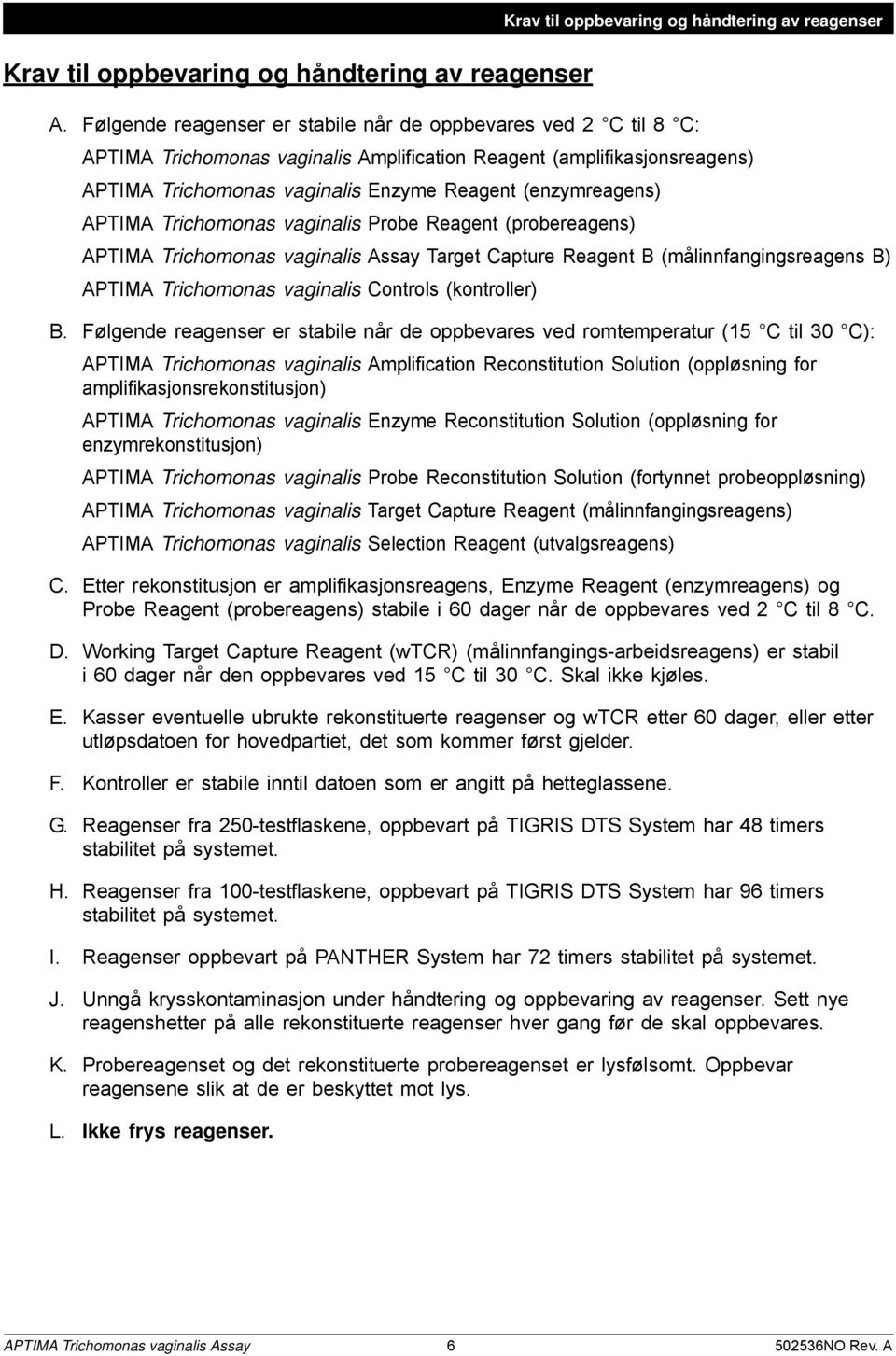 APTIMA Trichomonas vaginalis Probe Reagent (probereagens) APTIMA Trichomonas vaginalis Assay Target Capture Reagent B (målinnfangingsreagens B) APTIMA Trichomonas vaginalis Controls (kontroller) B.