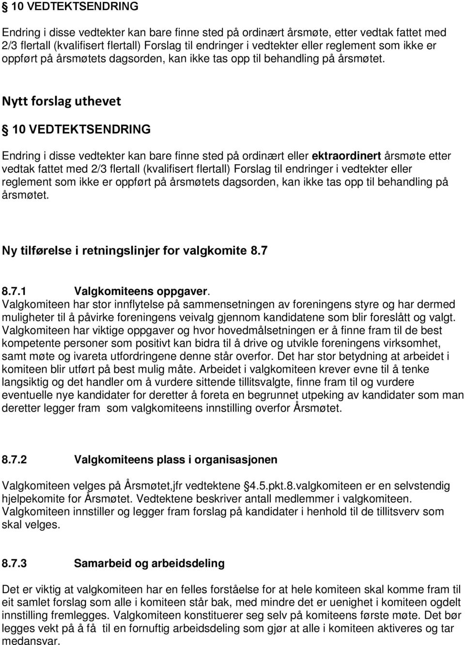 Nytt forslag uthevet 10 VEDTEKTSENDRING Endring i disse vedtekter kan bare finne sted på ordinært eller ektraordinert årsmøte etter vedtak fattet med 2/3 flertall (kvalifisert flertall) Forslag til