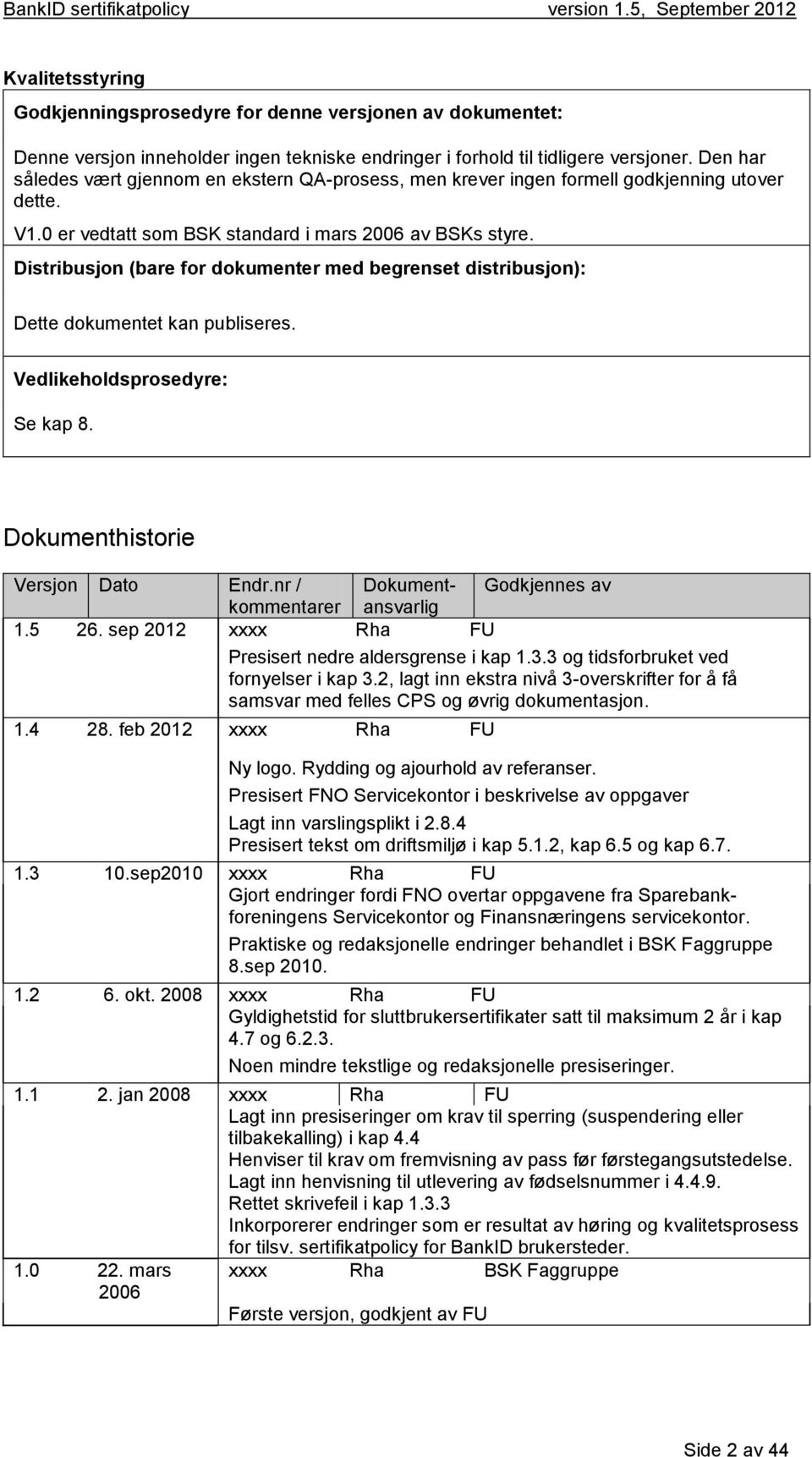 Distribusjon (bare for dokumenter med begrenset distribusjon): Dette dokumentet kan publiseres. Vedlikeholdsprosedyre: Se kap 8. Dokumenthistorie Versjon Dato Endr.