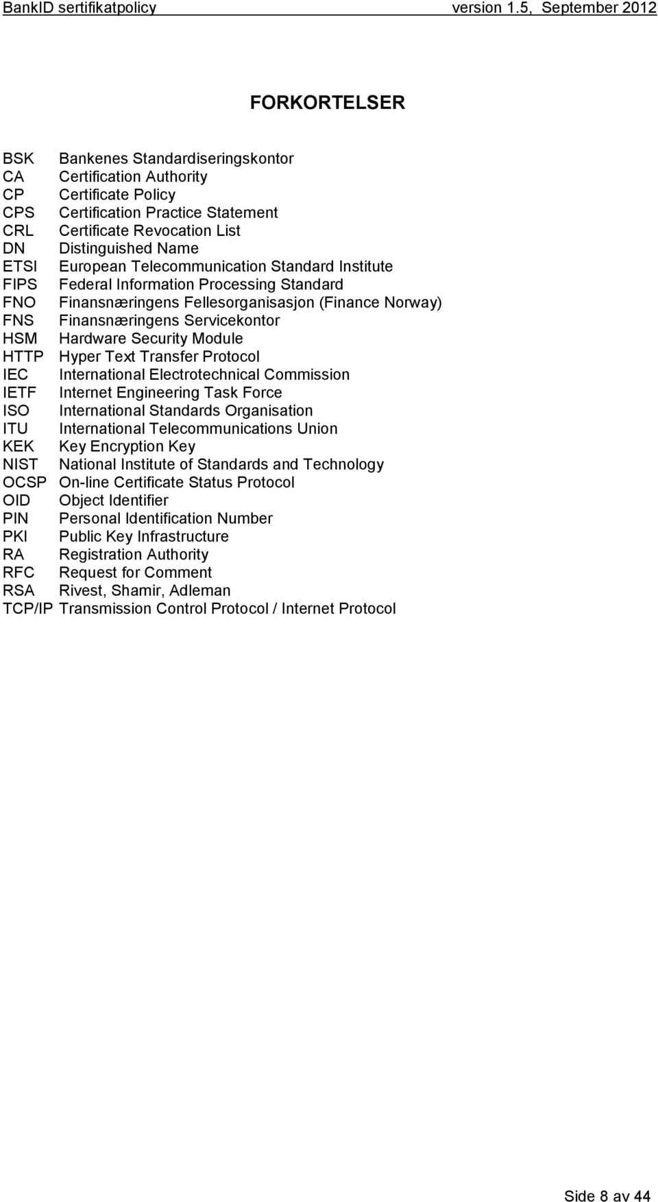 Security Module HTTP Hyper Text Transfer Protocol IEC International Electrotechnical Commission IETF Internet Engineering Task Force ISO International Standards Organisation ITU International