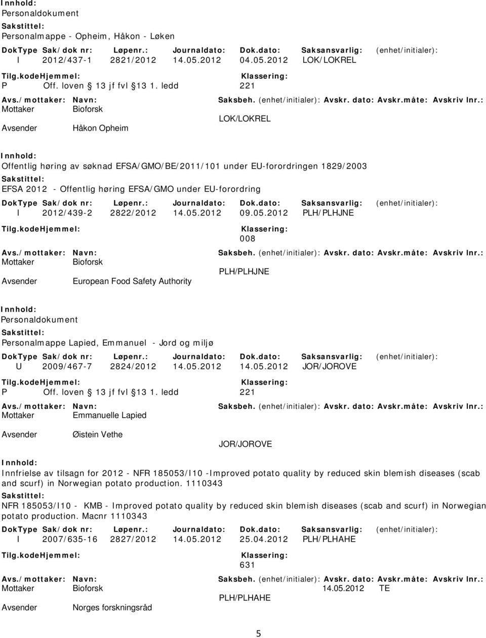 2012 09.05.2012 PLH/PLHJNE 008 PLH/PLHJNE European Food Safety Authority Personaldokument Personalmappe Lapied, Emmanuel - Jord og miljø U 2009/467-7 2824/2012 14.05.2012 14.05.2012 JOR/JOROVE P Off.