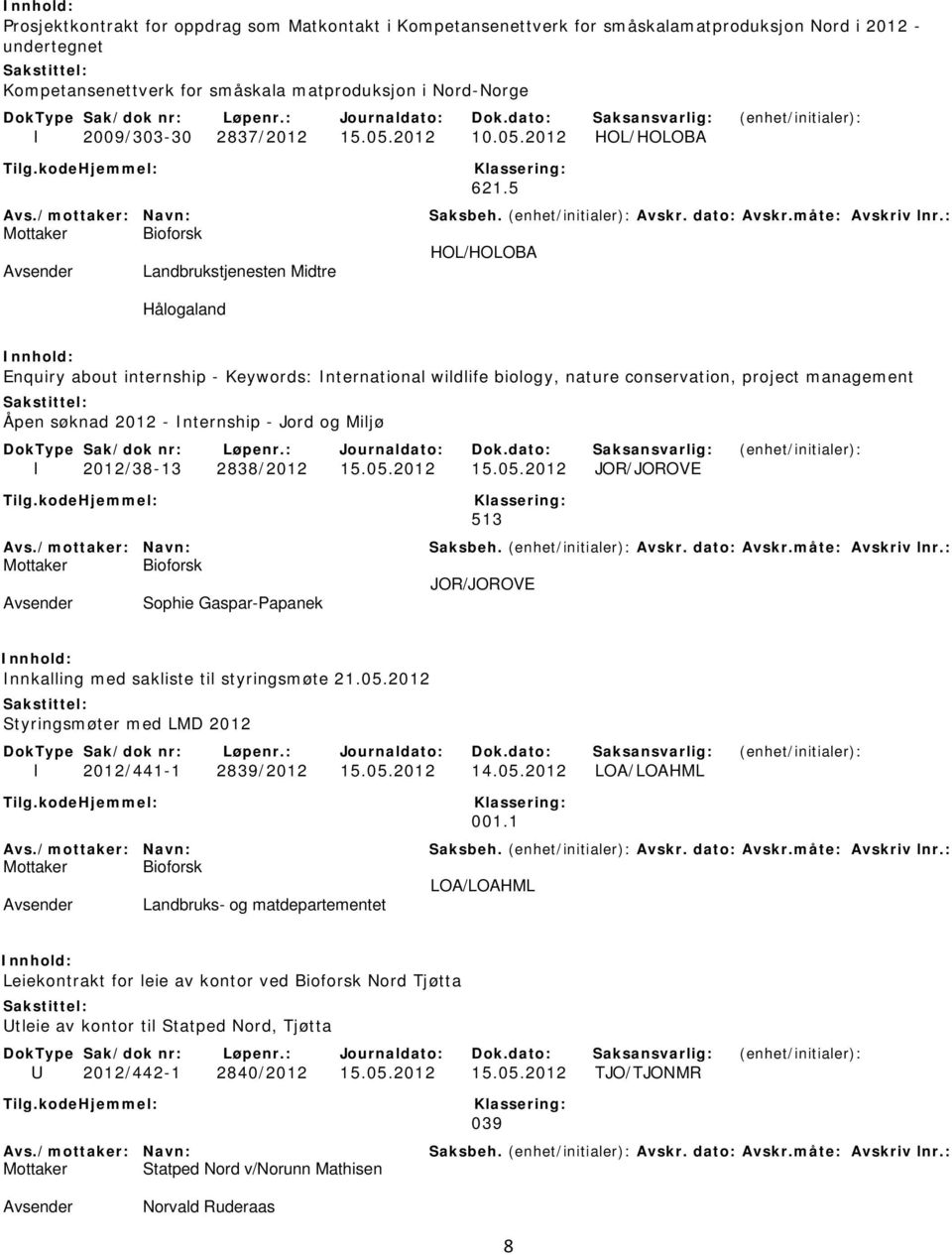 5 HOL/HOLOBA Landbrukstjenesten Midtre Hålogaland Enquiry about internship - Keywords: International wildlife biology, nature conservation, project management Åpen søknad 2012 - Internship - Jord og