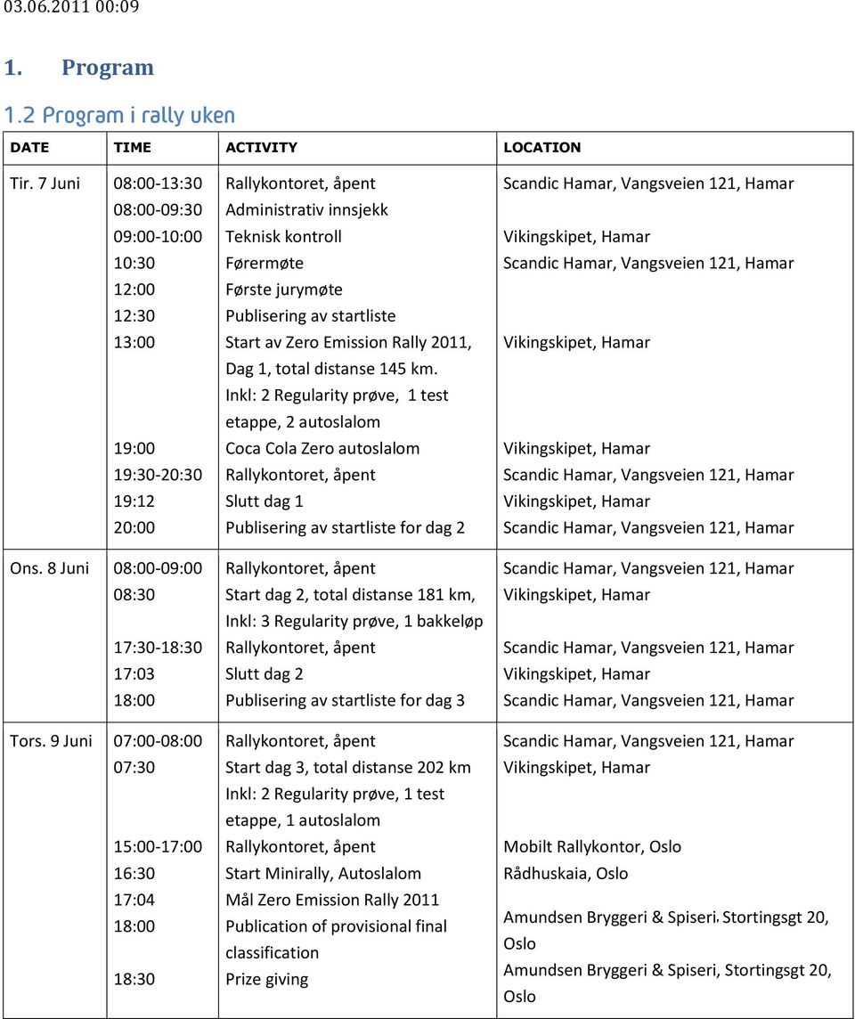 9 Juni 07:00-08:00 07:30 15:00-17:00 16:30 17:04 18:00 18:30 Administrativ innsjekk Teknisk kontroll Førermøte Første jurymøte Publisering av startliste Start av Zero Emission Rally 2011, Dag 1,