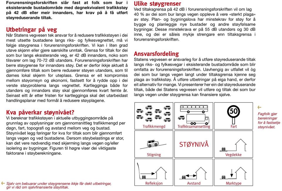 Vi kan i liten grad utøve skjønn eller gjere særskilte unntak. Grensa for tiltak for dei som bur langs eksisterande veg, er 42 db innandørs, noko som tilsvarer om lag 70-72 db utandørs.