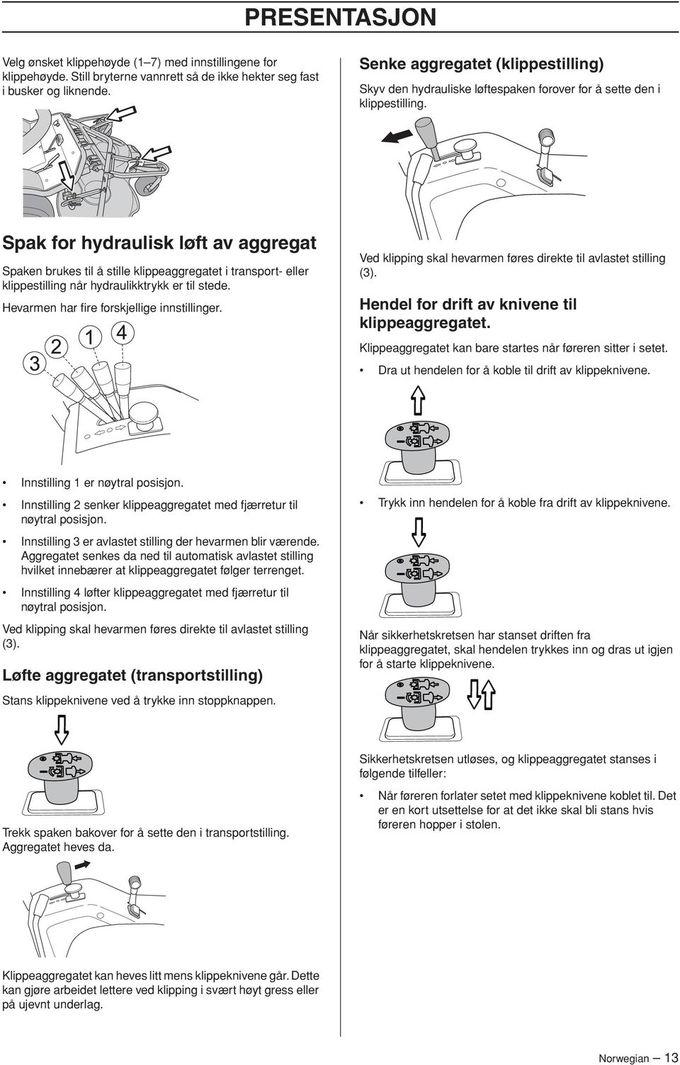 Spak for hydraulisk løft av aggregat Spaken brukes til å stille klippeaggregatet i transport- eller klippestilling når hydraulikktrykk er til stede. Hevarmen har fire forskjellige innstillinger.