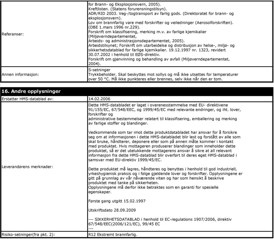 Arbeidstilsynet; Forskrift om utarbeidelse og distribusjon av helse-, miljø- og sikkerhetsdatablad for farlige kjemikalier. 19.12.1997 nr. 1323, revidert 30.07.2002 i henhold til EØS-direktiv.