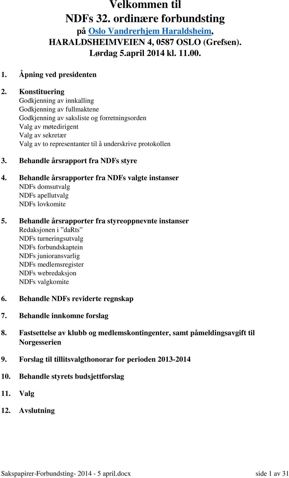 protokollen 3. Behandle årsrapport fra NDFs styre 4. Behandle årsrapporter fra NDFs valgte instanser NDFs domsutvalg NDFs apellutvalg NDFs lovkomite 5.