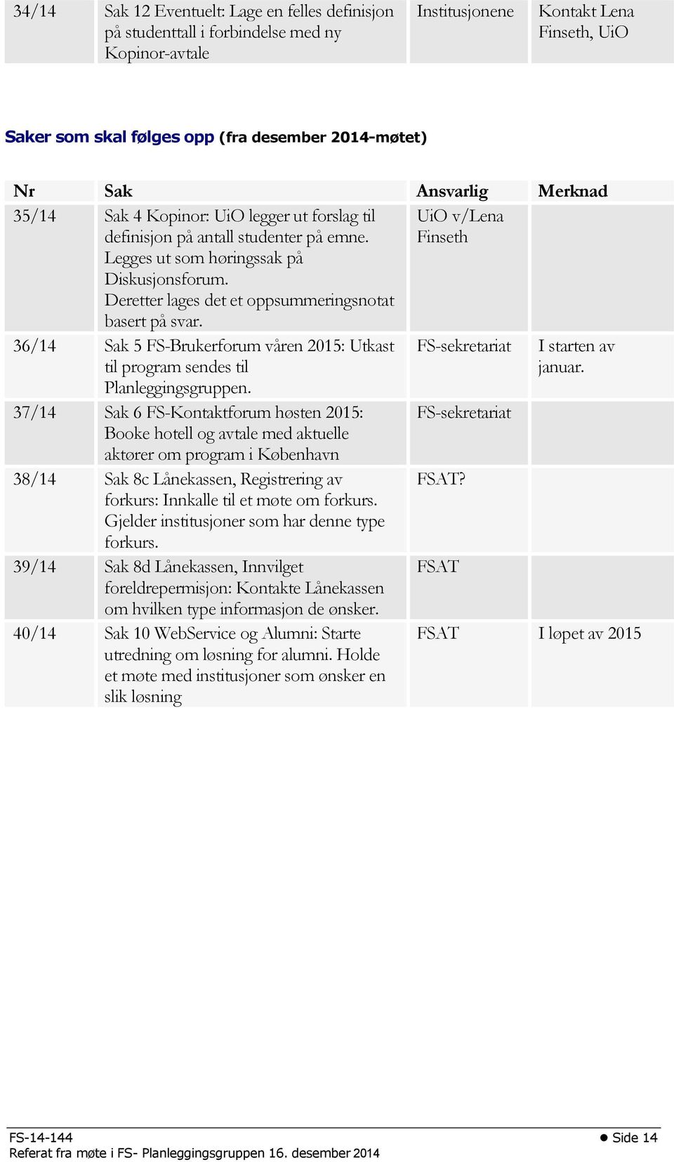 Deretter lages det et oppsummeringsnotat basert på svar. UiO v/lena Finseth 36/14 Sak 5 FS-Brukerforum våren 2015: Utkast til program sendes til Planleggingsgruppen.