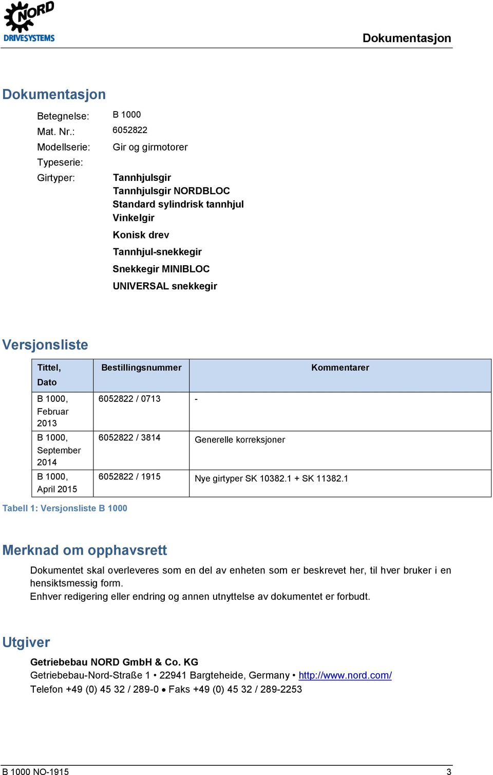 snekkegir Versjonsliste Tittel, Dato Bestillingsnummer Kommentarer B 1000, Februar 2013 B 1000, September 2014 B 1000, April 2015 6052822 / 0713-6052822 / 3814 Generelle korreksjoner 6052822 / 1915