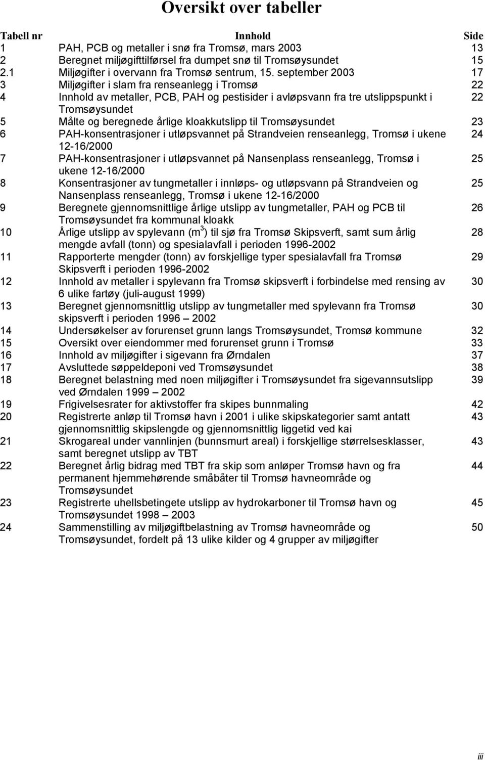 september 2003 17 3 Miljøgifter i slam fra renseanlegg i Tromsø 22 4 Innhold av metaller, PCB, PAH og pestisider i avløpsvann fra tre utslippspunkt i 22 Tromsøysundet 5 Målte og beregnede årlige