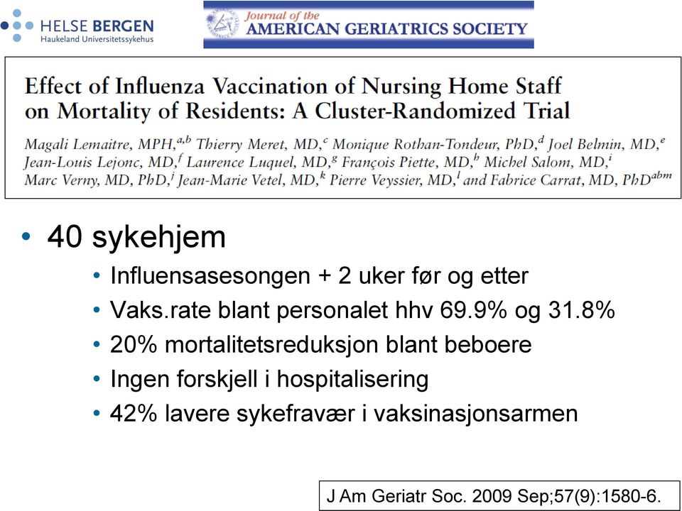 8% 20% mortalitetsreduksjon blant beboere Ingen forskjell i