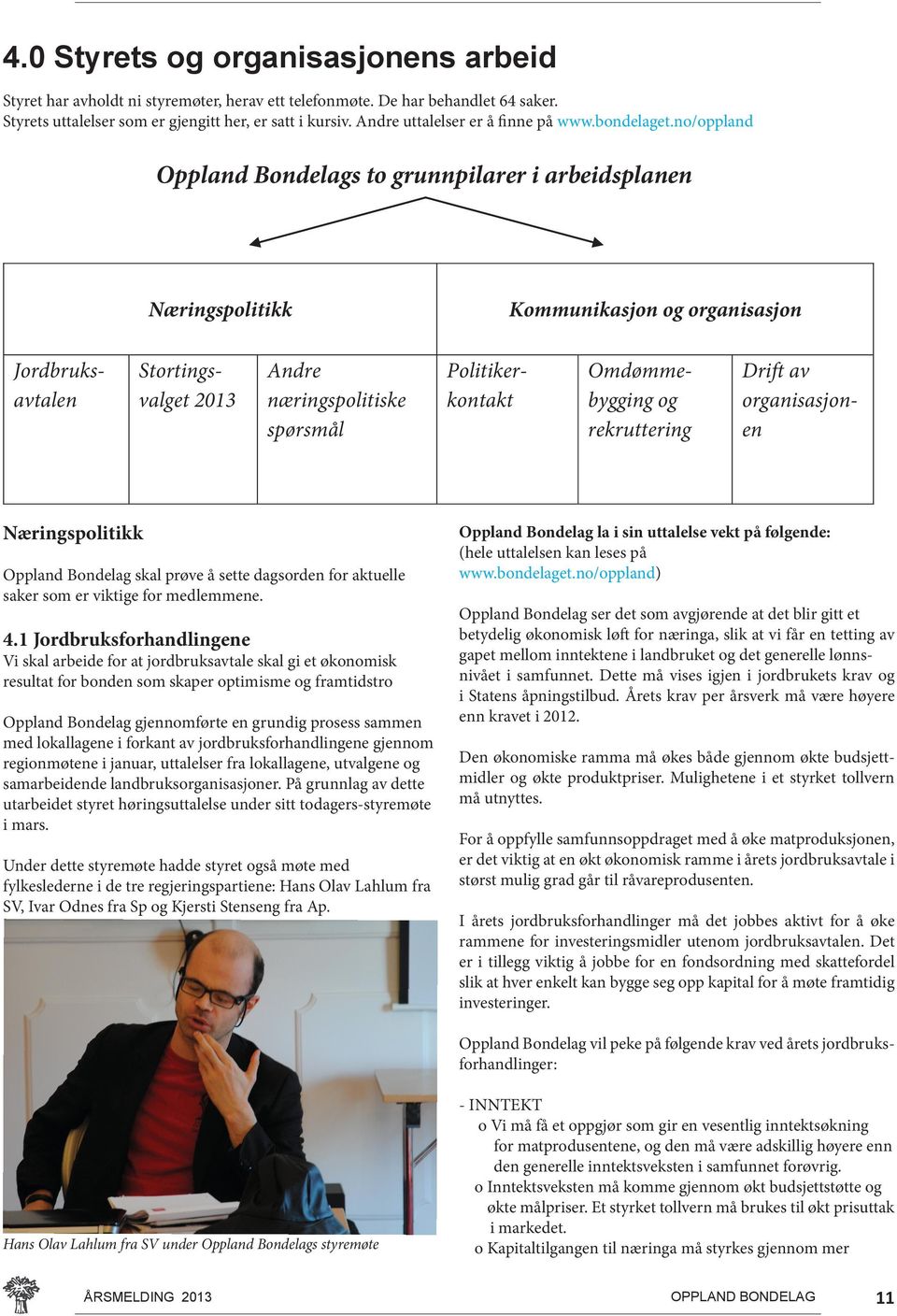 no/oppland Oppland Bondelags to grunnpilarer i arbeidsplanen Næringspolitikk Kommunikasjon og organisasjon Jordbruksavtalen Stortingsvalget 2013 Andre næringspolitiske spørsmål Politikerkontakt