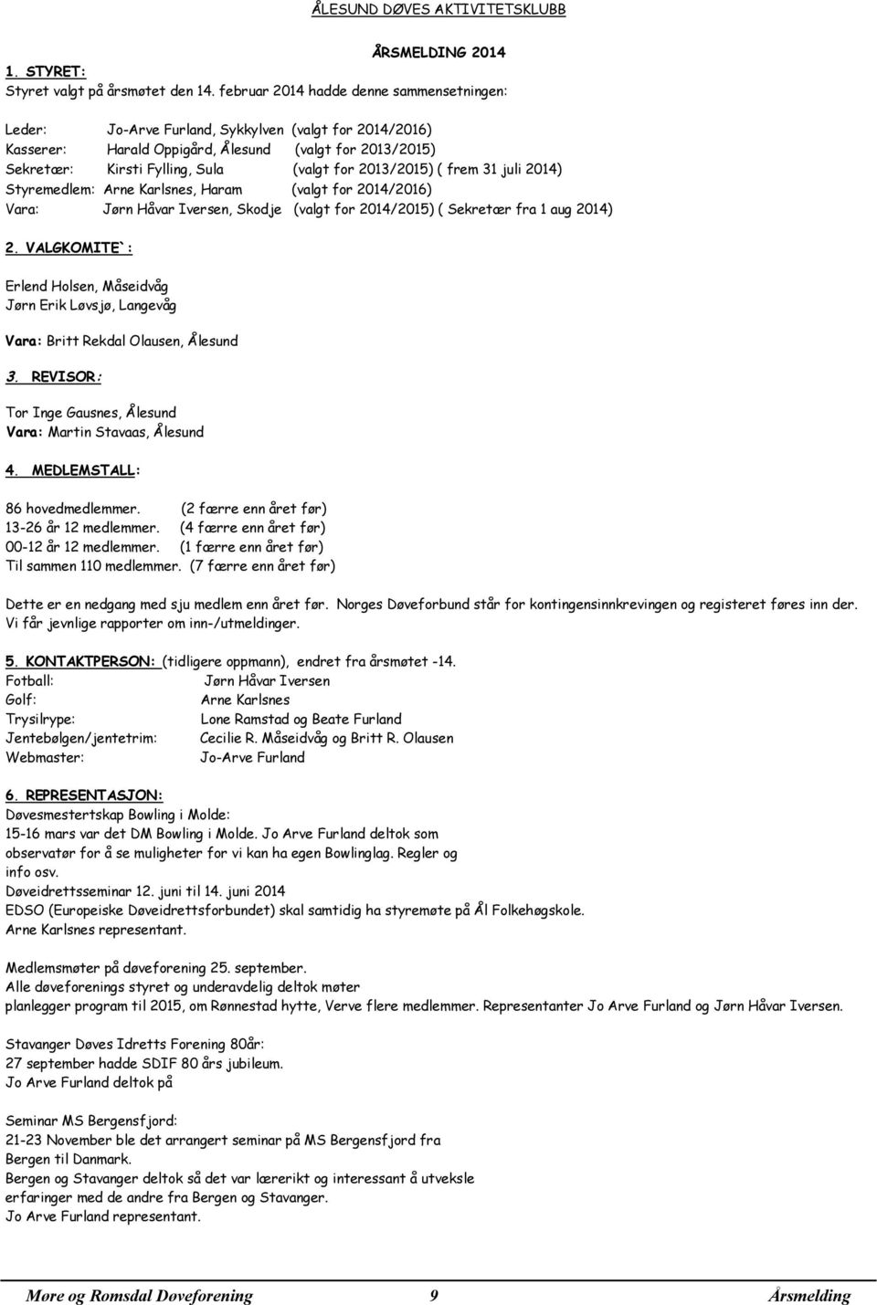 2013/2015) ( frem 31 juli 2014) Styremedlem: Arne Karlsnes, Haram (valgt for 2014/2016) Vara: Jørn Håvar Iversen, Skodje (valgt for 2014/2015) ( Sekretær fra 1 aug 2014) 2.