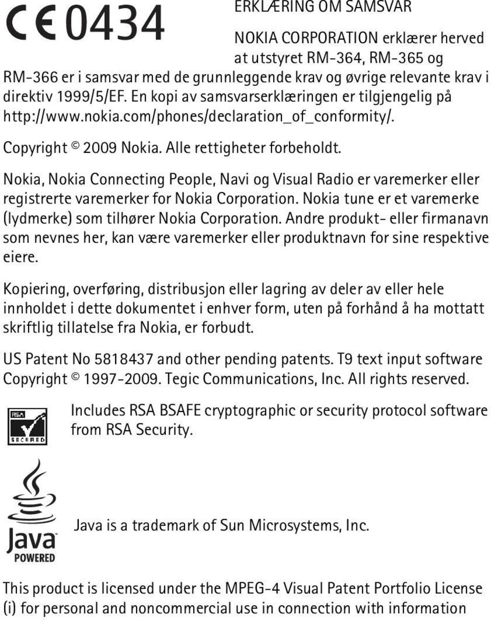 Nokia, Nokia Connecting People, Navi og Visual Radio er varemerker eller registrerte varemerker for Nokia Corporation. Nokia tune er et varemerke (lydmerke) som tilhører Nokia Corporation.