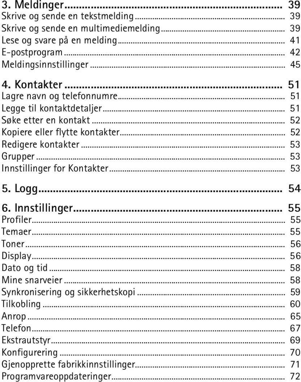 .. 53 Innstillinger for Kontakter... 53 5. Logg... 54 6. Innstillinger... 55 Profiler... 55 Temaer... 55 Toner... 56 Display... 56 Dato og tid... 58 Mine snarveier.