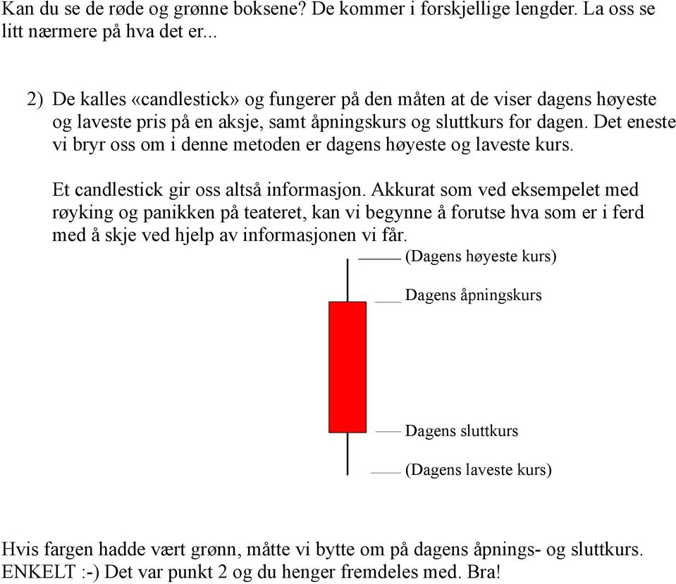 Det eneste vi bryr oss om i denne metoden er dagens høyeste og laveste kurs. Et candlestick gir oss altså informasjon.