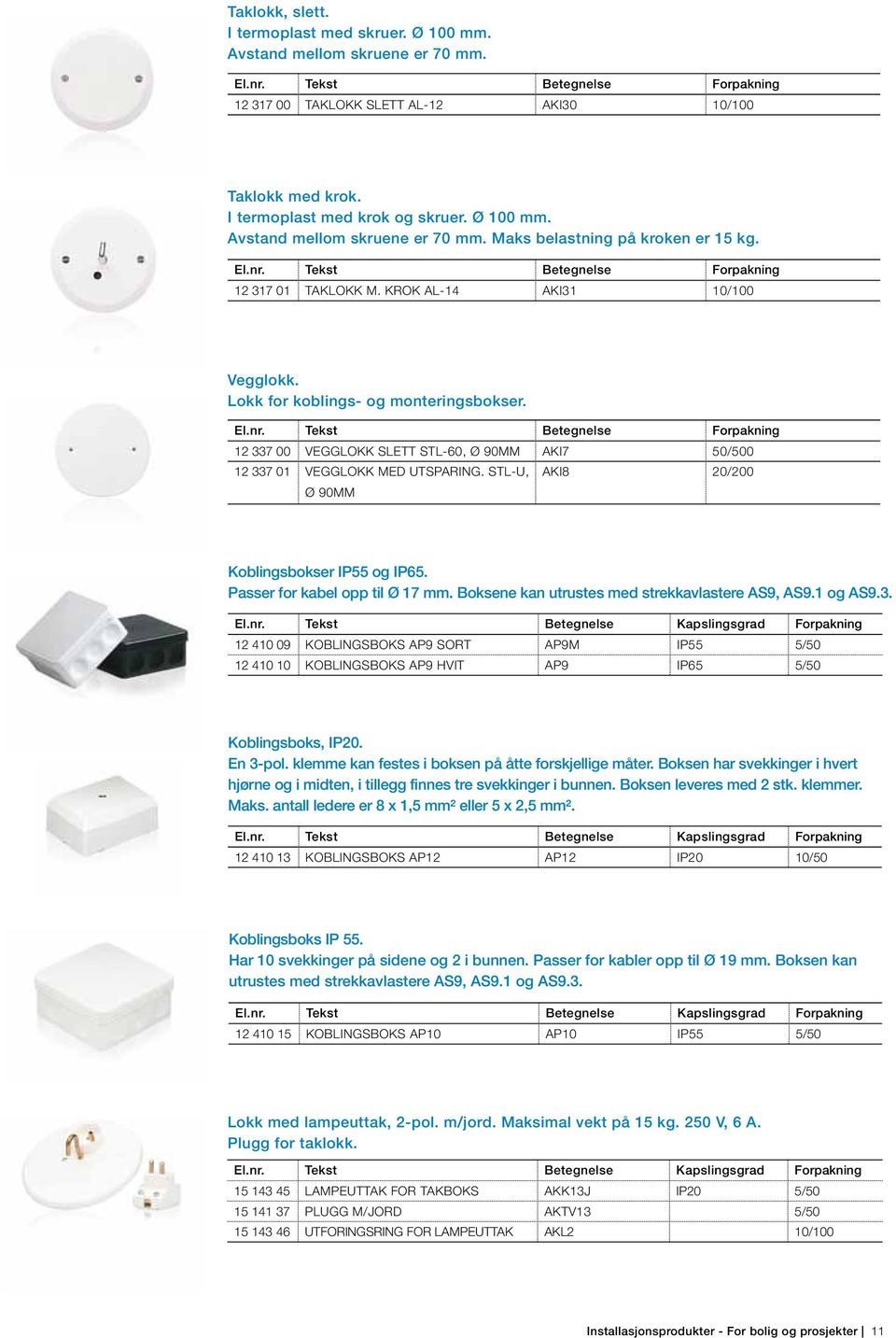 KROK AL-14 AKI31 10/100 Vegglokk. Lokk for koblings- og monteringsbokser. El.nr. Tekst Betegnelse Forpakning 12 337 00 VEGGLOKK SLETT STL-60, Ø 90MM AKI7 50/500 12 337 01 VEGGLOKK MED UTSPARING.