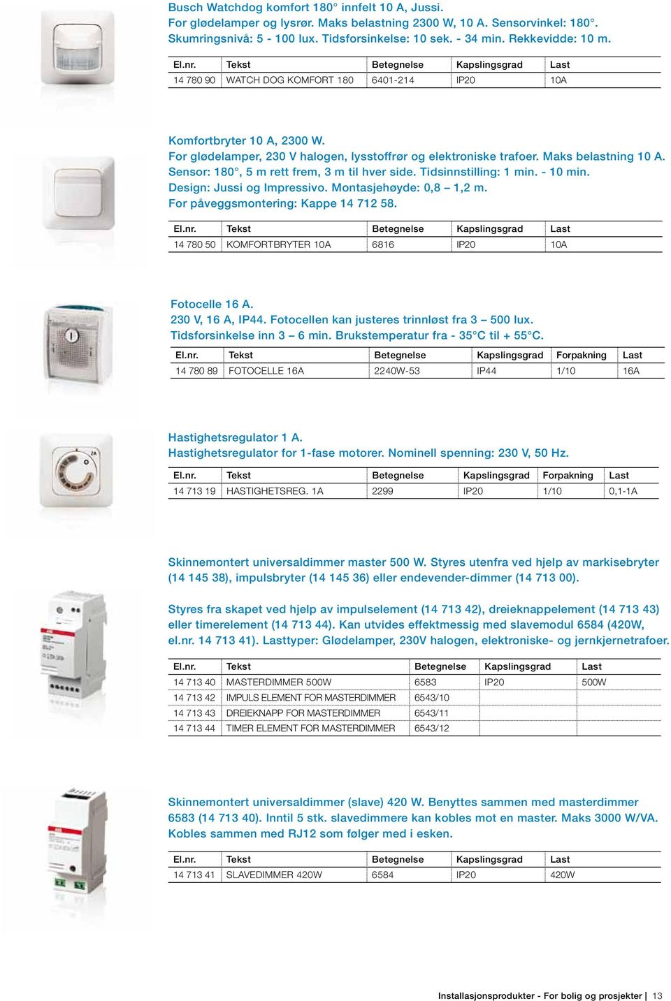 For glødelamper, 230 V halogen, lysstoffrør og elektroniske trafoer. Maks belastning 10 A. Sensor: 180, 5 m rett frem, 3 m til hver side. Tidsinnstilling: 1 min. - 10 min. Design: Jussi og Impressivo.