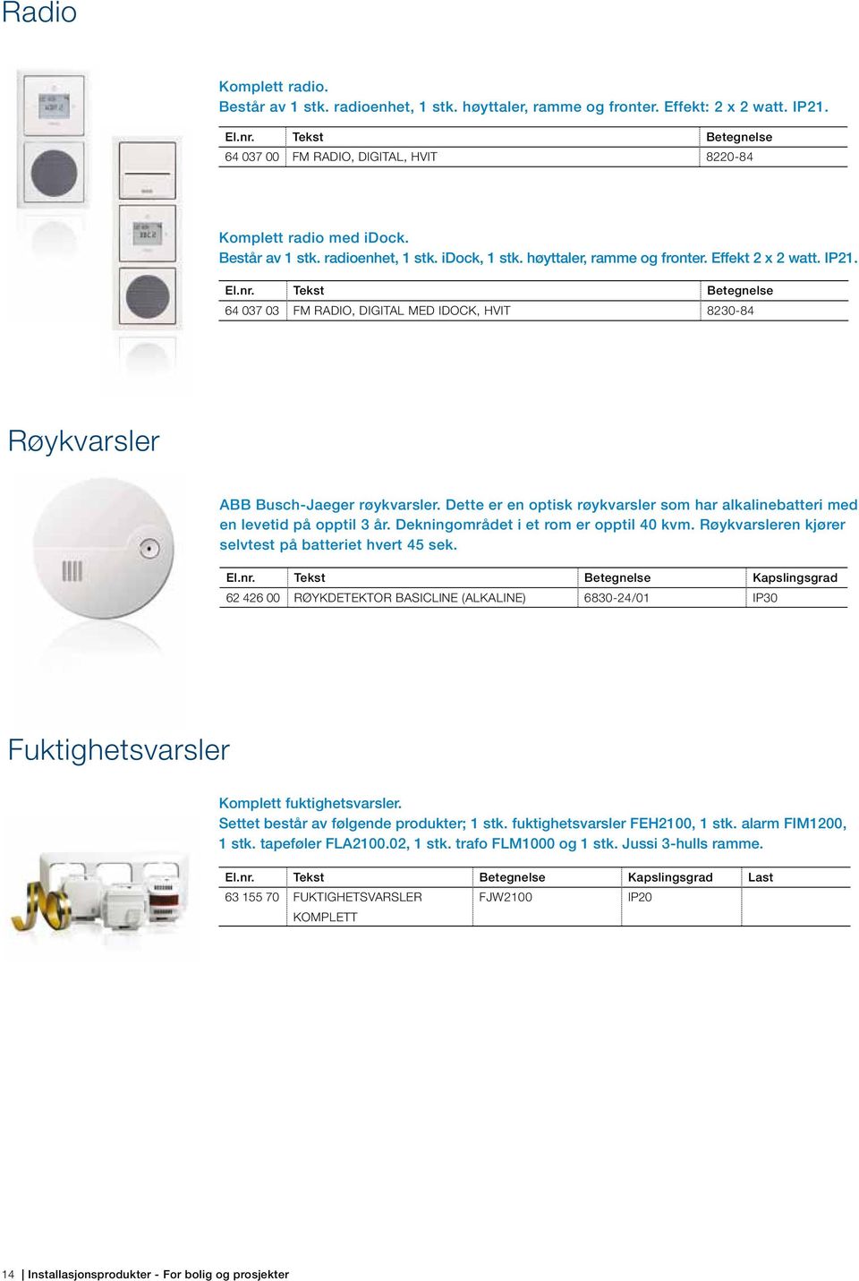 Tekst Betegnelse 64 037 03 FM RADIO, DIGITAL MED IDOCK, HVIT 8230-84 Røykvarsler ABB Busch-Jaeger røykvarsler. Dette er en optisk røykvarsler som har alkalinebatteri med en levetid på opptil 3 år.