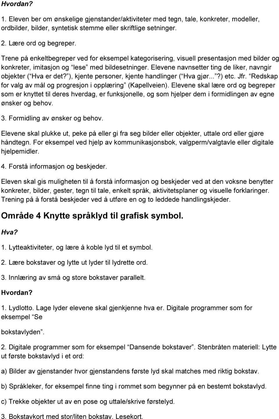 Elevene navnsetter ting de liker, navngir objekter ( Hva er det? ), kjente personer, kjente handlinger ( Hva gjør...?) etc. Jfr. Redskap for valg av mål og progresjon i opplæring (Kapellveien).