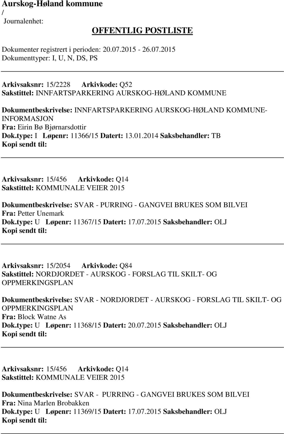 2014 Saksbehandler: TB Arkivsaksnr: 15456 Arkivkode: Q14 Sakstittel: KOMMUNALE VEIER 2015 Dokumentbeskrivelse: SVAR - PURRING - GANGVEI BRUKES SOM BILVEI Fra: Petter Unemark Dok.