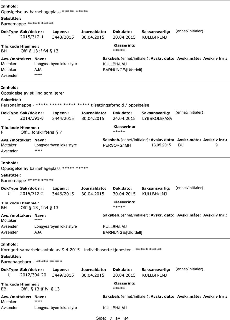 /mottaker: Navn: Saksbeh. vskr. dato: vskr.måte: vskriv lnr.: Mottaker ERSORG/MH 13.05.2015 B 9 Oppsigelse av barnehageplass Barnemappe 2015/312-2 3446/2015 KLLBH/LMJ BH Offl 13 jf fvl 13 vs.