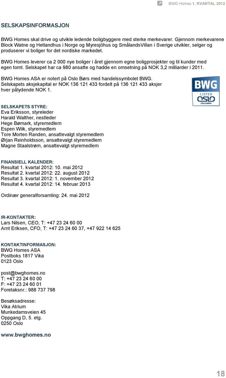 BWG Homes leverer ca 2 000 nye boliger i året gjennom egne boligprosjekter og til kunder med egen tomt. Selskapet har ca 980 ansatte og hadde en omsetning på NOK 3,2 milliarder i 2011.