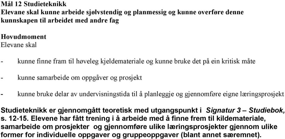 gjennomføre eigne læringsprosjekt Studieteknikk er gjennomgått teoretisk med utgangspunkt i Signatur 3 Studiebok, s. 12-15.