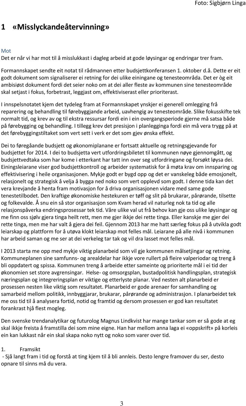 Det er òg eit ambisiøst dokument fordi det seier noko om at dei aller fleste av kommunen sine tenesteområde skal setjast i fokus, forbetrast, leggjast om, effektiviserast eller prioriterast.