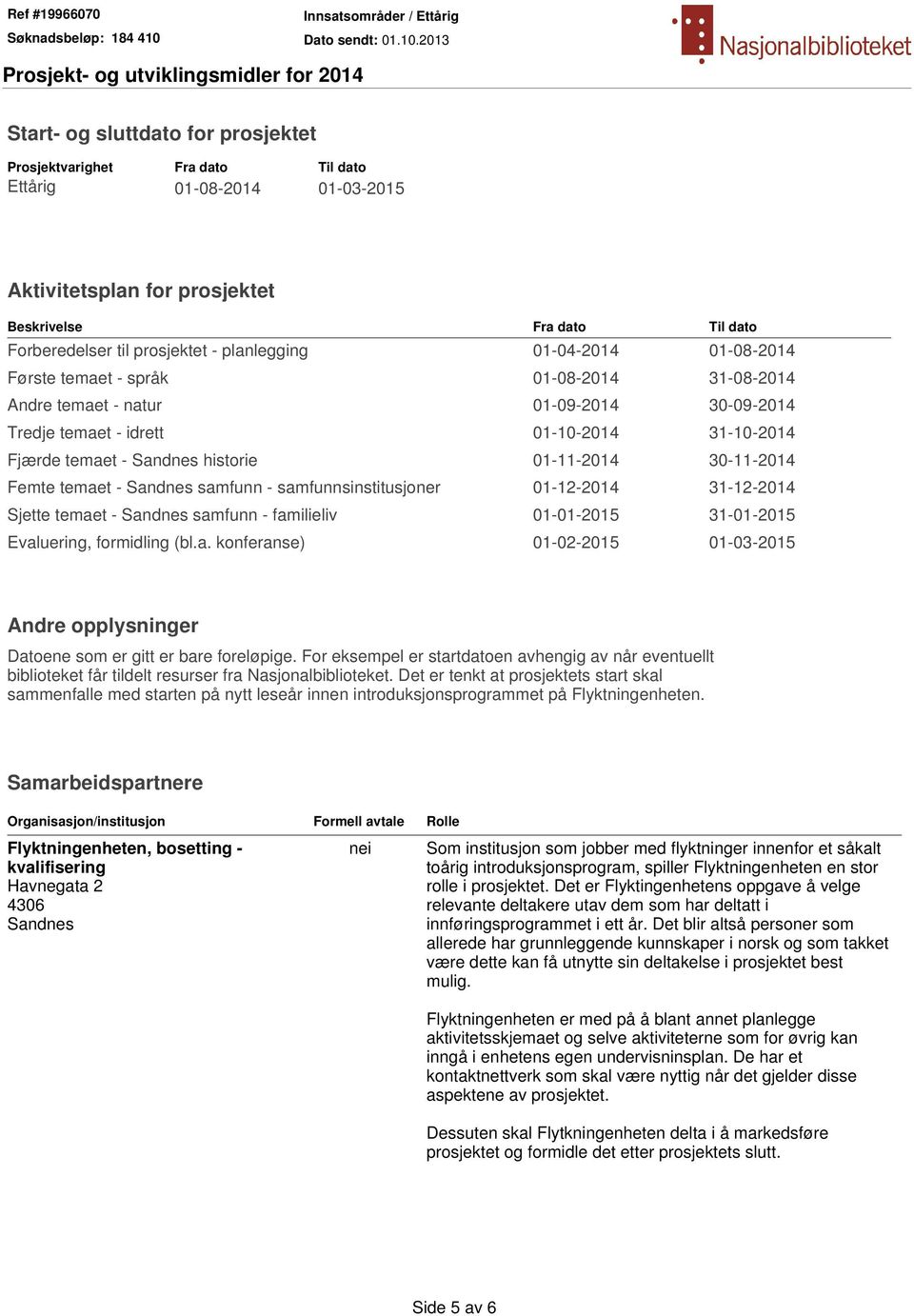 01-11-2014 30-11-2014 Femte temaet - Sandnes samfunn - samfunnsinstitusjoner 01-12-2014 31-12-2014 Sjette temaet - Sandnes samfunn - familieliv 01-01-2015 31-01-2015 Evaluering, formidling (bl.a. konferanse) 01-02-2015 01-03-2015 Andre opplysninger Datoene som er gitt er bare foreløpige.