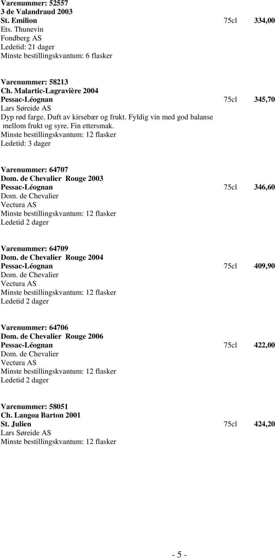 Ledetid: 3 dager Varenummer: 64707 Dom. de Chevalier Rouge 2003 Pessac-Léognan 75cl 346,60 Dom. de Chevalier Vectura AS Ledetid 2 dager Varenummer: 64709 Dom.